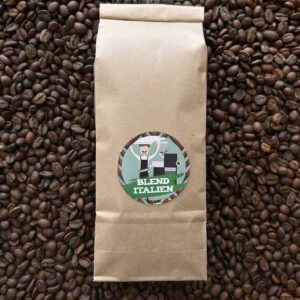 Grains de café Blend Italien, mélange artisanal corsé et harmonieux composé de 80 % Arabica et 20 % Robusta, idéal pour espresso