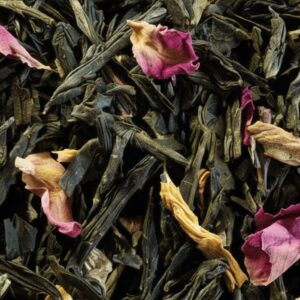 Mélange de THE VERT COMPAGNIE&CO - Sencha Printemps parsemé de pétales de rose, de mauve et de tournesol.