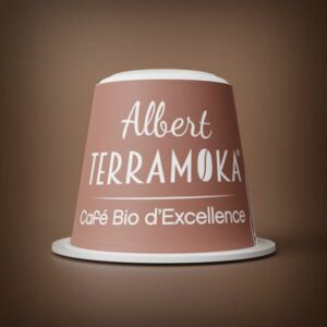 Composition de la capsule Albert Terramoka Nespresso® : Huile de coco, colza sans OGM, encre alimentaire, café bio certifié, sans additif.